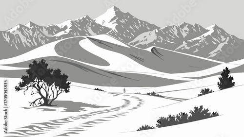 Mountain landscape with sand dunes and a lone figure walking on a path.