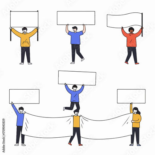 Diverse group of cartoon people holding blank signs, banners, and a flag, ready for your custom message, ideal for protest, announcement, or advertising concepts.
