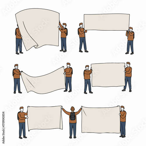 People Holding Blank Banners and Signs - Vector Illustration Set for Communication, Protest, and Advertising Messages