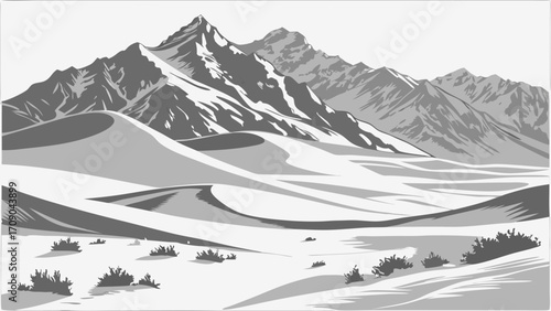 Mountain range and desert landscape grayscale illustration nature scenery abstract art monochrome background sand dunes rocky peaks wilderness environmental design graphic design artist.