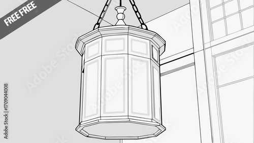 Octagonal Hanging Lantern Interior Lighting Fixture Architectural Design Element Wireframe Rendering.