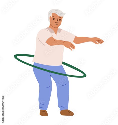 Elderly men doing sports, hula hoop exercise for waist. Health exercise adult senor pensioner on rehabilitation. Active old men character fitness gymnastics helpful cardio gym relaxation vector design