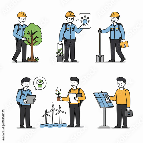 Diverse men engaged in environmental sustainability and green energy initiatives, illustrating roles in eco-friendly technology, conservation, and renewable power generation.