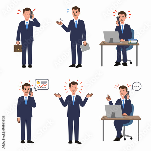 Businessman experiencing various degrees of stress, worry, and frustration while dealing with phone calls and work-related problems in a corporate setting. Vector illustration.