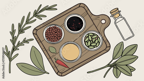 Spice rack illustration herbs and spices on wooden board cooking ingredients kitchen design culinary art food photography seasoning recipe gourmet flavor aromatic culinary background.