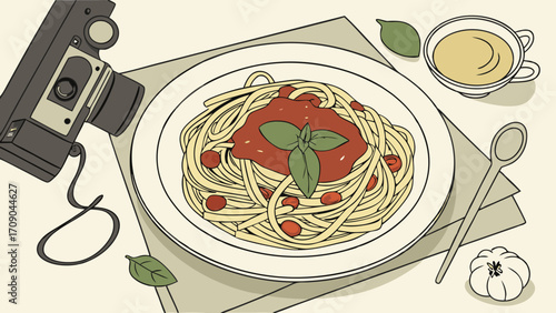 Spaghetti with tomato sauce, basil, and a vintage camera illustration for food blogs, recipe websites, and cooking apps.