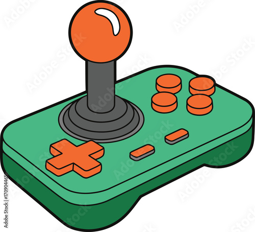 Green and orange video game controller with joystick and buttons