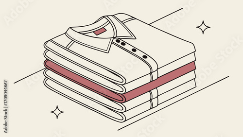 Stack of neatly folded shirts clean laundry flat lay illustration isometric view clothing design minimalist style apparel fashion textile garment cleanliness orderliness organization.
