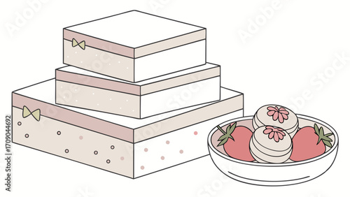 Stacked Gift Boxes with Sweets and Strawberries Cute Illustration Pastel Colors Perfect for Blog Website or Card Design.