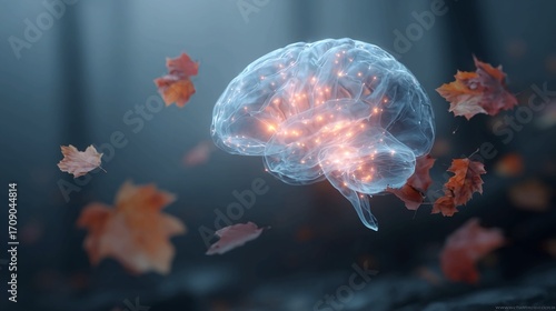 Autumn leaves swirl around a glowing brain symbolizing memory, intelligence, and the changing seasons