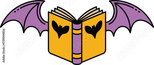 Open book with purple bat wings and black bat symbols