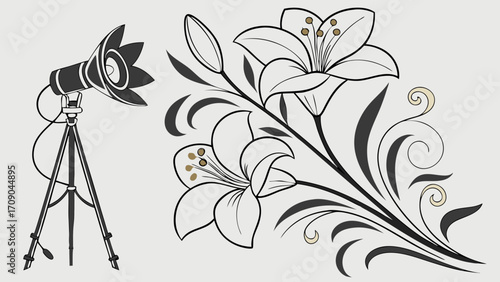 Studio lighting with lilies design elegant floral photography setup black and white illustration graphic design element for invitation card wedding beauty spa elegant vector illustration.