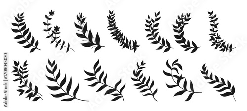 Different branches with leaves heraldry set. Laurel wreath award emblem collection. Laurels wreaths, swirls, twigs and flower ornaments symbols branches olive plant. Vector design elements