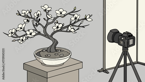 Studio Photography Setup with Blooming Bonsai Tree and DSLR Camera on Tripod.