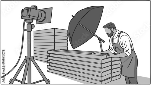 Studio Photography Setup with Lighting and Reflectors.