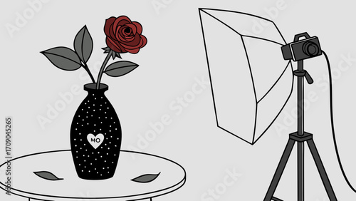 Studio Still Life Photography Setup with Single Red Rose in Vase.