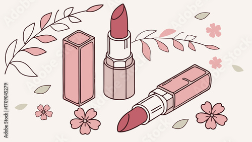 Stylish Lipstick and Floral Design Illustration Perfect for Beauty and Makeup Products.