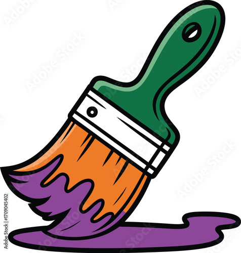 Green handled paintbrush with orange bristles dipping in purple paint