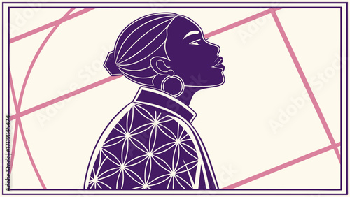 Stylish Woman Profile Geometric Pattern Fashion Illustration Purple and Pink Tones.