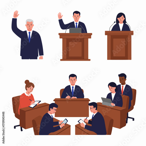 Political debate, legal proceedings, and corporate meeting illustrations with diverse speakers at podiums and participants voting or discussing important matters.