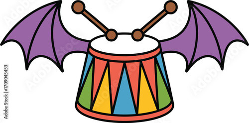Cartoon drum with purple bat wings and drumsticks brown