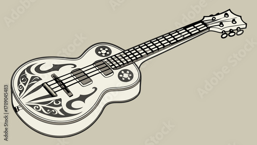 Stylized illustration of a guitar with tribal design musical instrument vector art graphic design element for music posters and album covers.