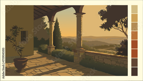 Sunset View from a Covered Patio with Stone Columns and Rolling Hills in the Background.