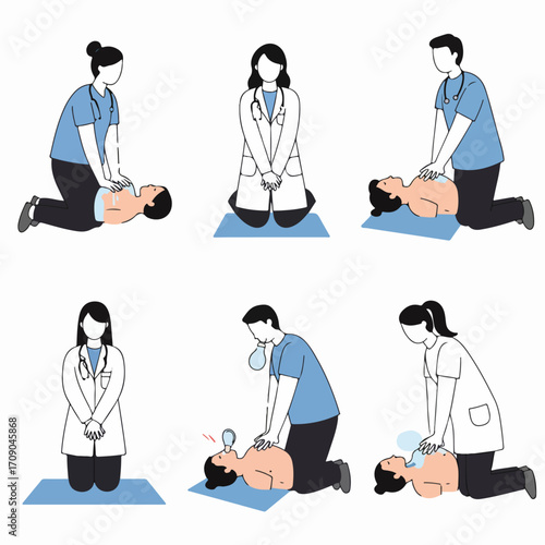 Illustrations showing medical professionals and individuals performing CPR, including chest compressions and ventilation, demonstrating essential life-saving first aid techniques and training.