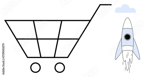 Shopping cart graphic paired with a launching rocket symbolizing innovation, fast growth, and technology. Ideal for e-commerce, startups, innovation, success, business, sustainability simple flat
