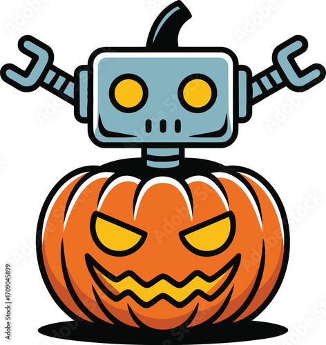 Cartoon robot head on jack o lantern halloween pumpkin