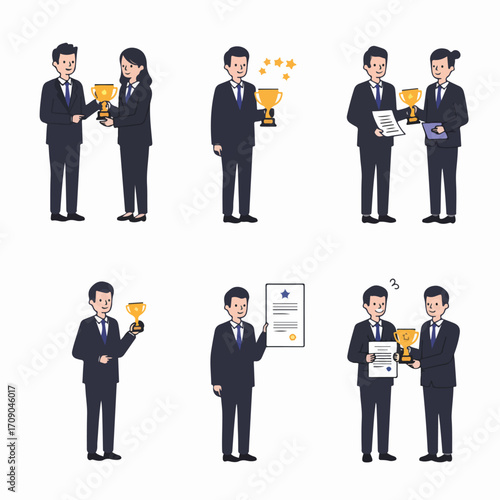 Business professionals receiving awards, trophies, and certificates, symbolizing achievement, success, and recognition in various corporate reward scenarios.