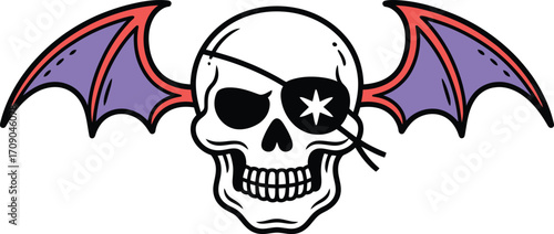 Skull with pirate eye patch and purple bat wings vector