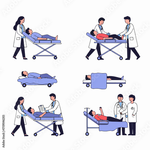 Medical staff caring for patients in various hospital scenarios, including transportation, examination, and treatment procedures, in an outline illustration style.