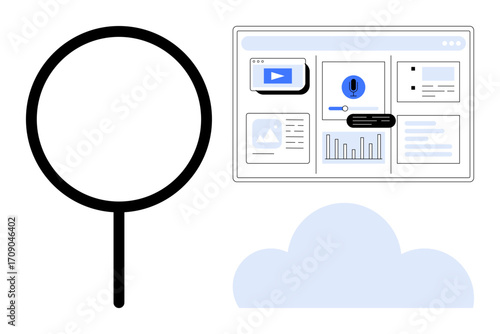 Magnifying glass inspecting a web interface with video, analytics, and message notifications over a cloud. Ideal for research, data analysis, technology, communication, cloud computing, digital