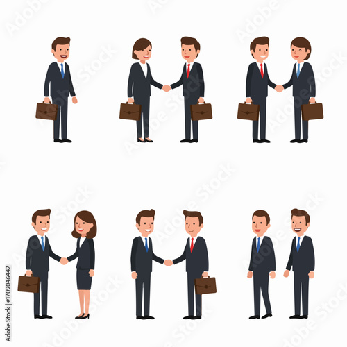 Collection of smiling business people in suits with briefcases, engaging in handshakes and standing, depicting successful partnerships and agreements.