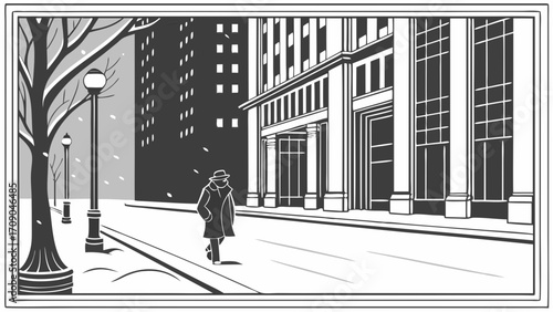 Winter City Street Scene Man Walking in Snow Black and White Illustration.