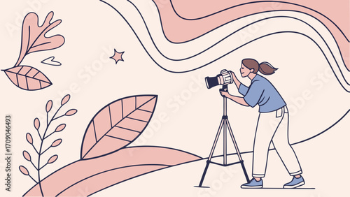 Woman photographer with camera on tripod minimalist style illustration pastel colors artistic design.