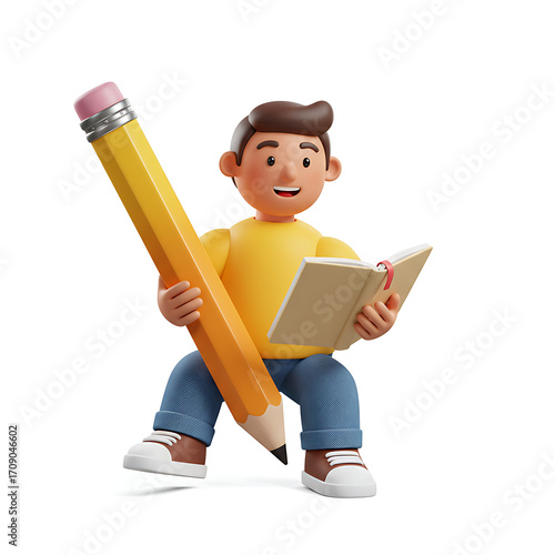 Cartoon Man with Pencil Reading a Book 3D Render