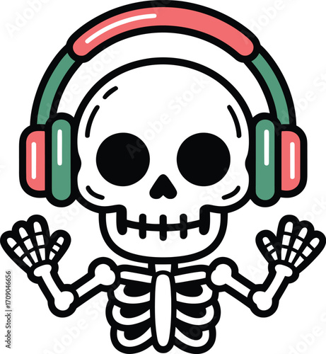 Cartoon skeleton wearing headphones and raising hands