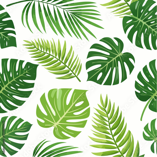Seamless pattern with various green leaves, plants, and foliage illustrations on a vector background