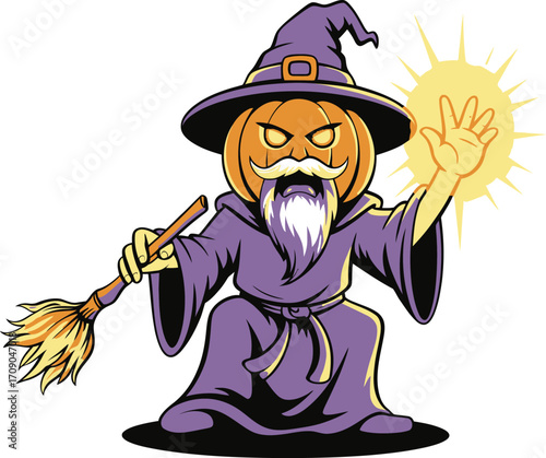 Pumpkin wizard holding broom casting spell with glowing hand