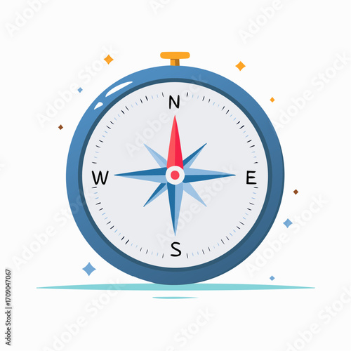 A golden compass with a magnetic arrow points north on a blue background, an iconic symbol of travel and exploration