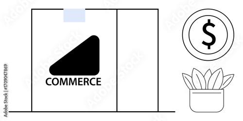Storefront with a commerce logo, dollar sign symbolizing payment or finance, and houseplant for decor. Ideal for business, e-commerce, retail, shopping, marketing, finance and branding as a simple