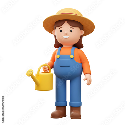 3D Cartoon Gardener Character with Watering Can in Overalls and a Hat