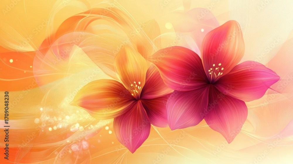 Obraz premium Two vibrant flowers set against a soft, flowing background.