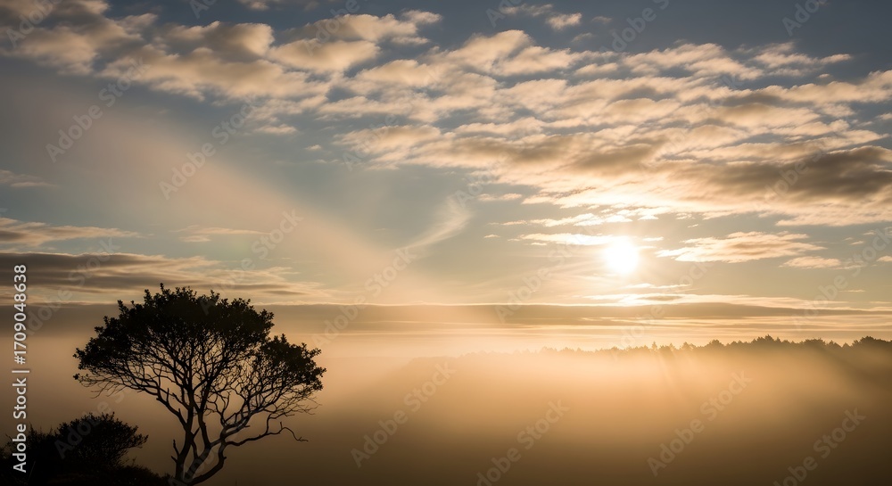 Fototapeta premium A serene sunrise over a foggy valley, with a lone tree silhouetted against the golden light and a faint rainbow in the sky.