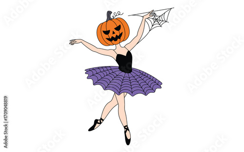 Halloween ballerina with pumpkin head and spiderweb tutu