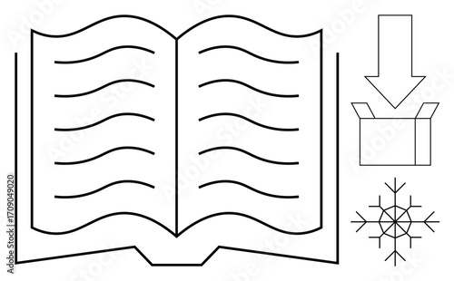 Open book with wavy lines downward arrow points to open box with snowflake nearby. Ideal for education, content delivery, knowledge sharing, winter themes, reading habits, packaging ideas, simple