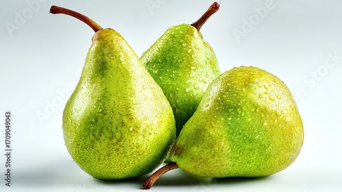 and keyword list based on the image

 Green pears gather under light, adorned with water droplets, in a bright studio