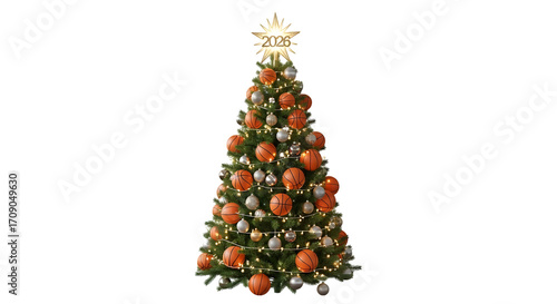 Fototapeta Naklejka Na Ścianę i Meble -  Festive christmas tree decorated with basketball ornaments and lights, isolated on transparent background